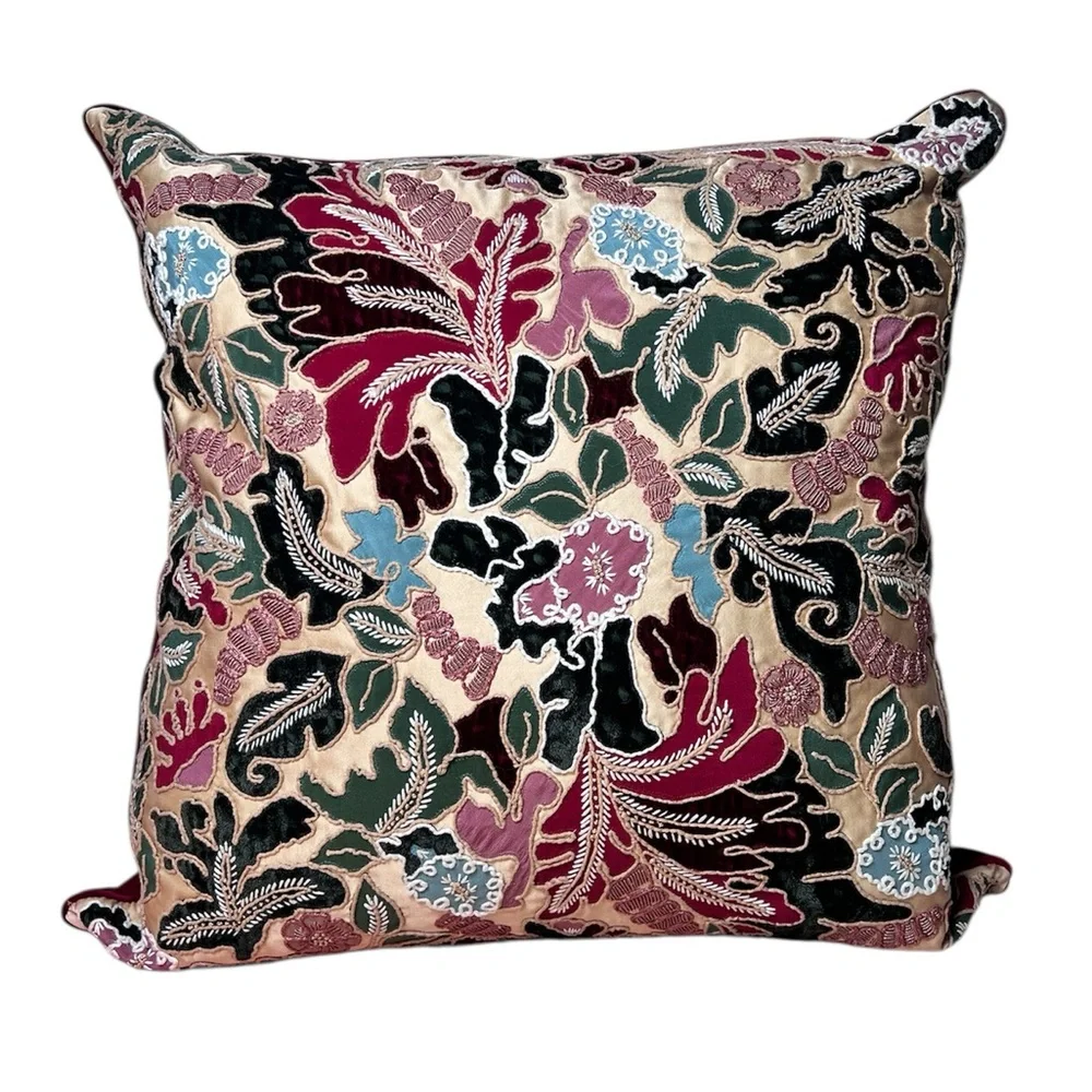 Ralph Lauren Red Silk Velvet Appliqué Floral Decorative Pillow 22″ x 22″ NWT